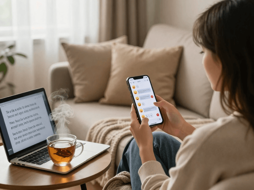 Person in cozy living room engaging in sex chat ai conversation on smartphone, inviting atmosphere with warm light.