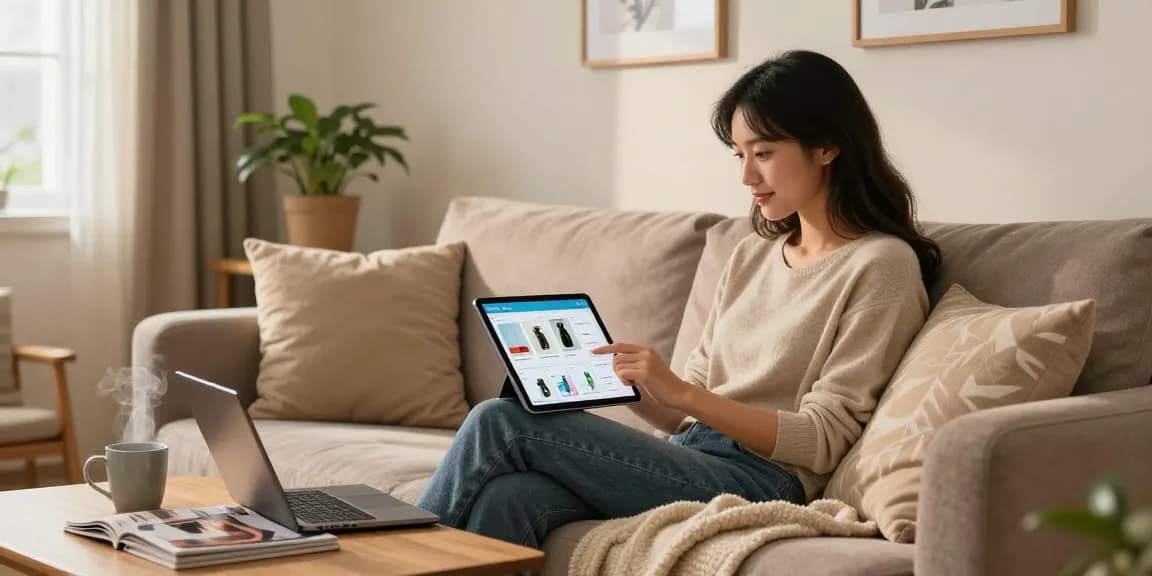 Browse the catalog of stylish products from the comfort of home with a cozy scene.