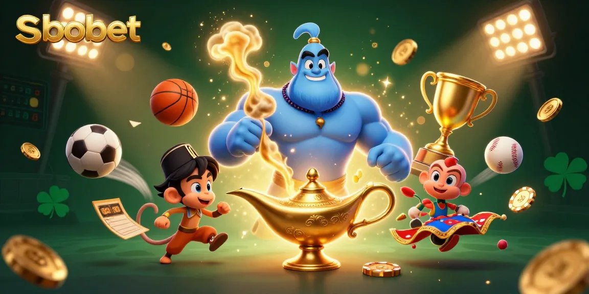 Engage in sbobet betting with a vibrant 3D scene featuring a genie, sports balls, and poker chips.