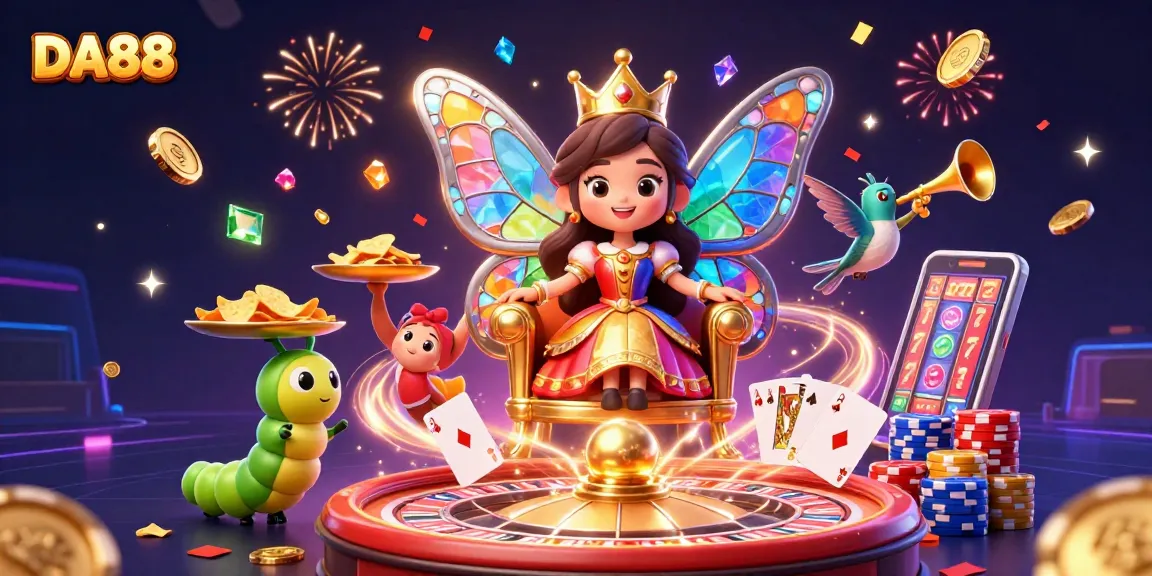 Engage with DA88's thrilling casino atmosphere, where vibrant gaming elements collide with royal characters.