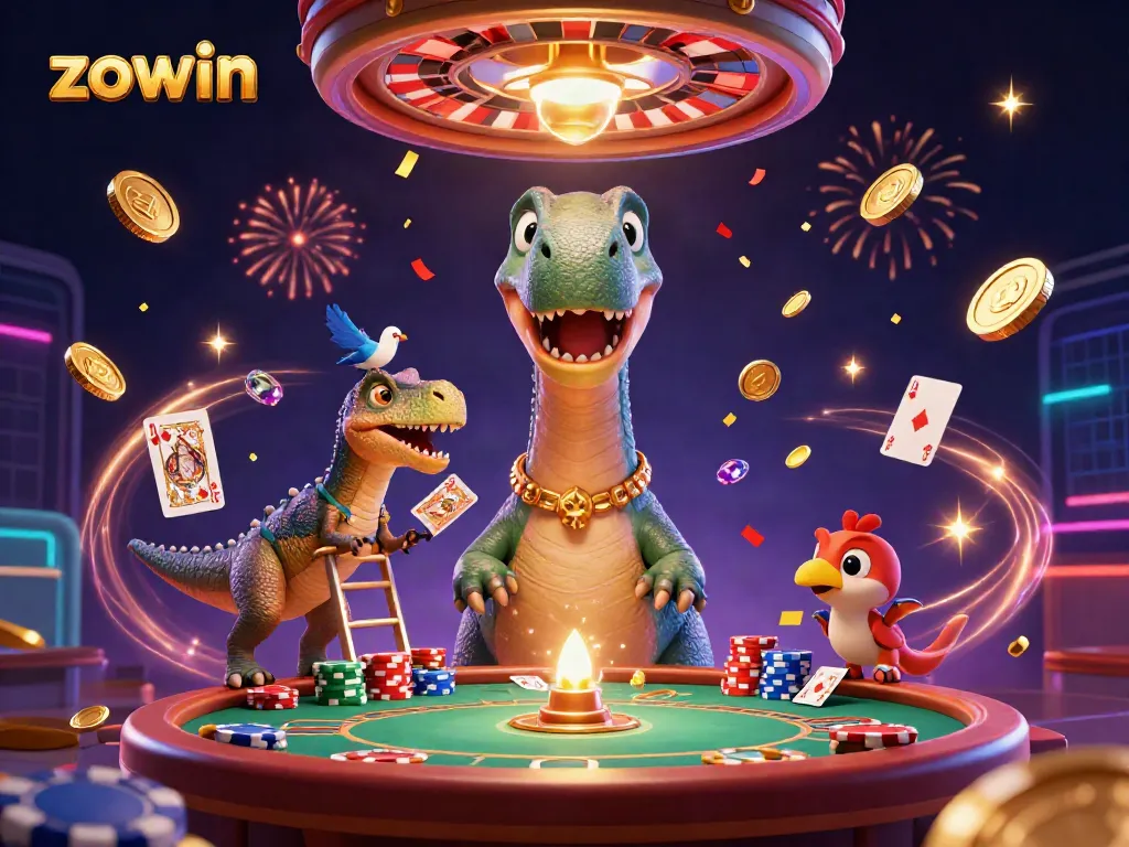Zowin showcases an imaginative casino scene with a brontosaurus and clever raptor dealing cards amid gold coins.
