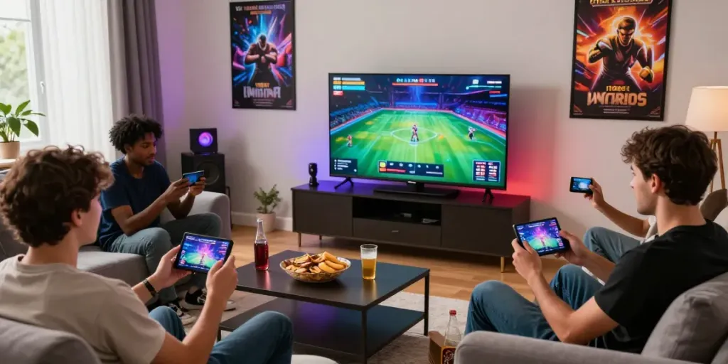 Players enjoying the 11Bet app in a lively gaming atmosphere with mobile devices and snacks surrounding them.