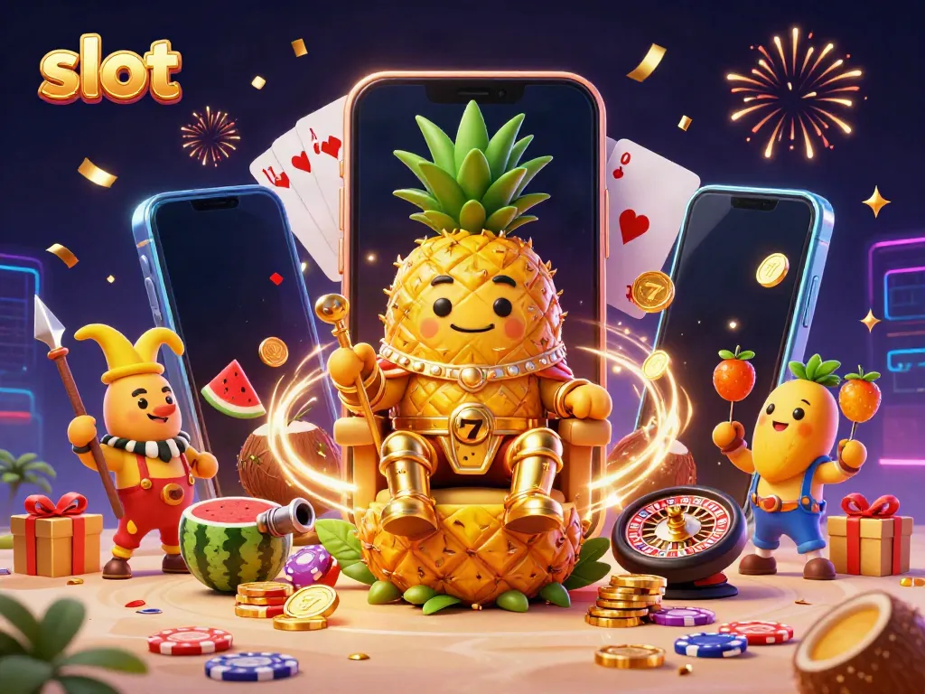 Engage with lively slot machines as the golden pineapple king reigns in a vibrant casino scene.