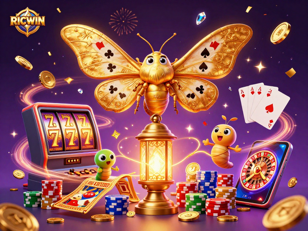 Experience RICWIN as the vibrant casino scene bursts with golden coins, slots, and entertaining characters.
