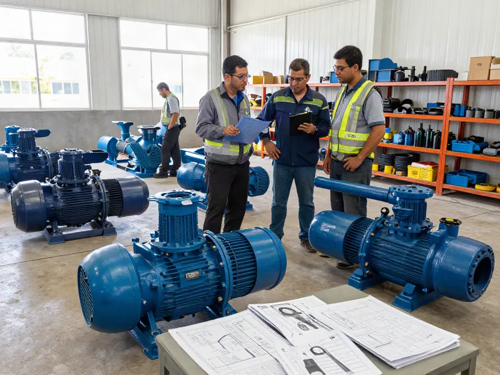Bombas KSB Venezuela en planta industrial, técnicos revisando bombas de agua.