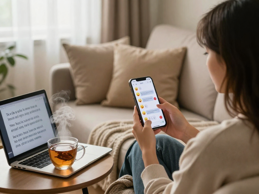 Person in cozy living room engaging in sex chat ai conversation on smartphone, inviting atmosphere with warm light.