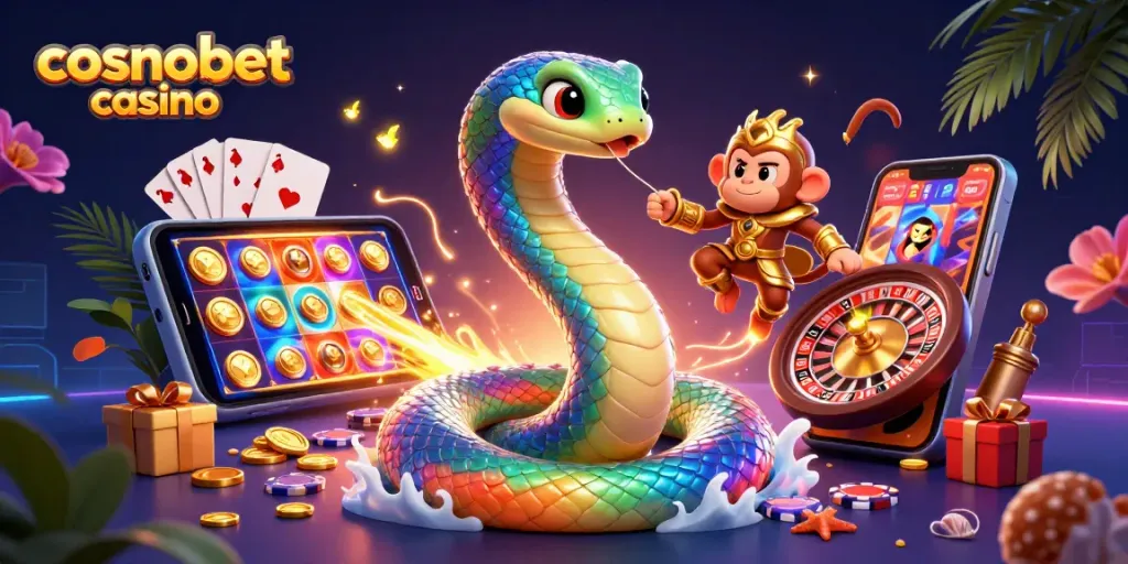 Experience cosmobet casino excitement with a vibrant scene of gaming characters and dynamic elements.