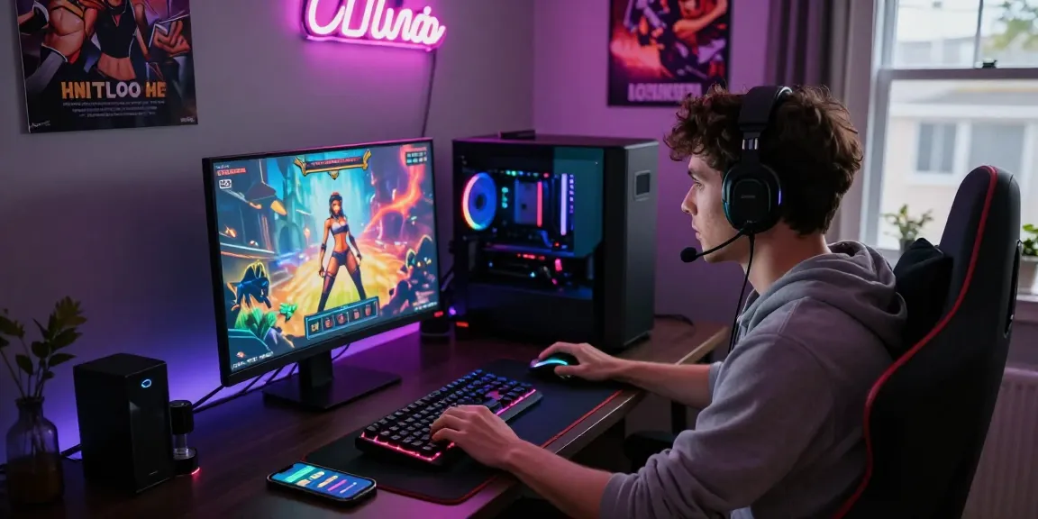 Player enjoying an html porn game in an immersive gaming setup with vibrant graphics and cozy lighting