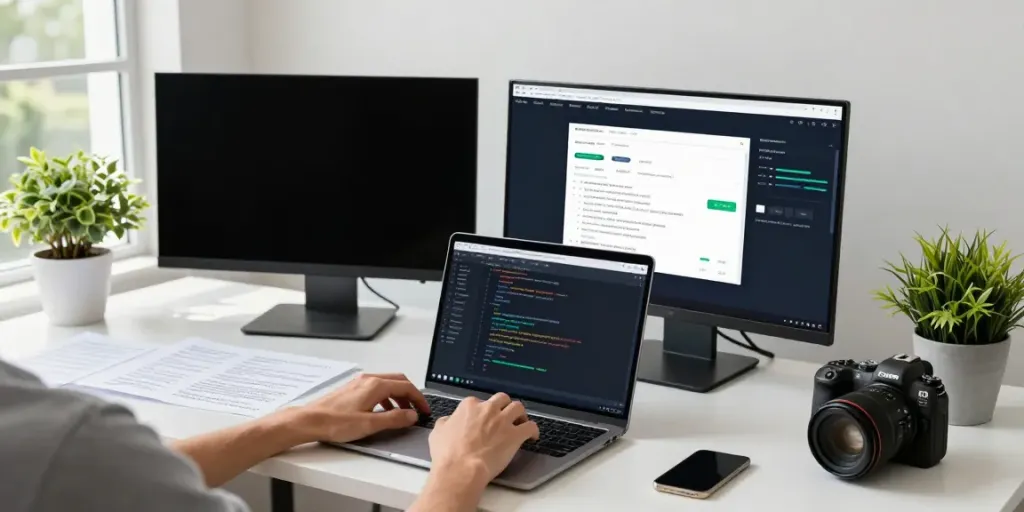 Content creator utilizing instant indexing tools in a modern workspace
