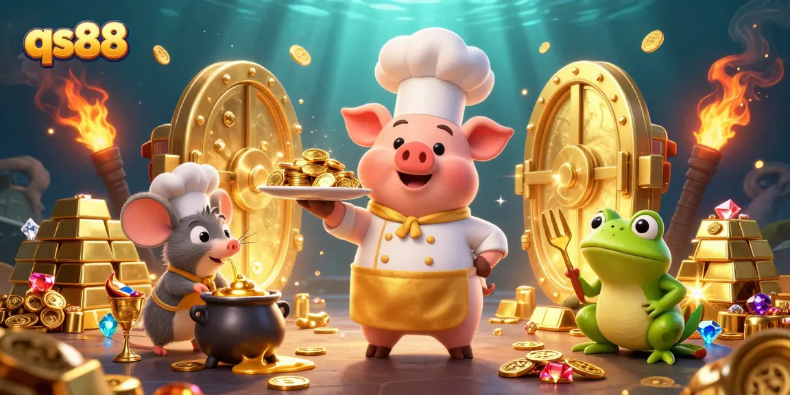 Experience winning with qs88; a 3D scene of a chef pig and characters celebrating in a treasure-packed casino.