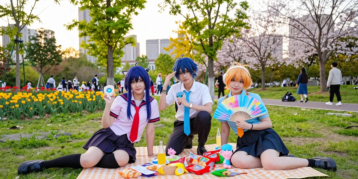 Diverse friends in ecchi-inspired attire enjoying anime culture at urban park.