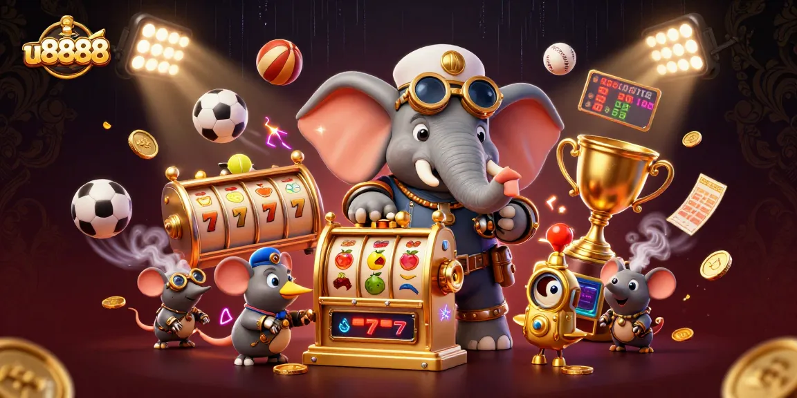 Experience thrilling gameplay at u8888 with a steampunk elephant operating a golden slot machine.