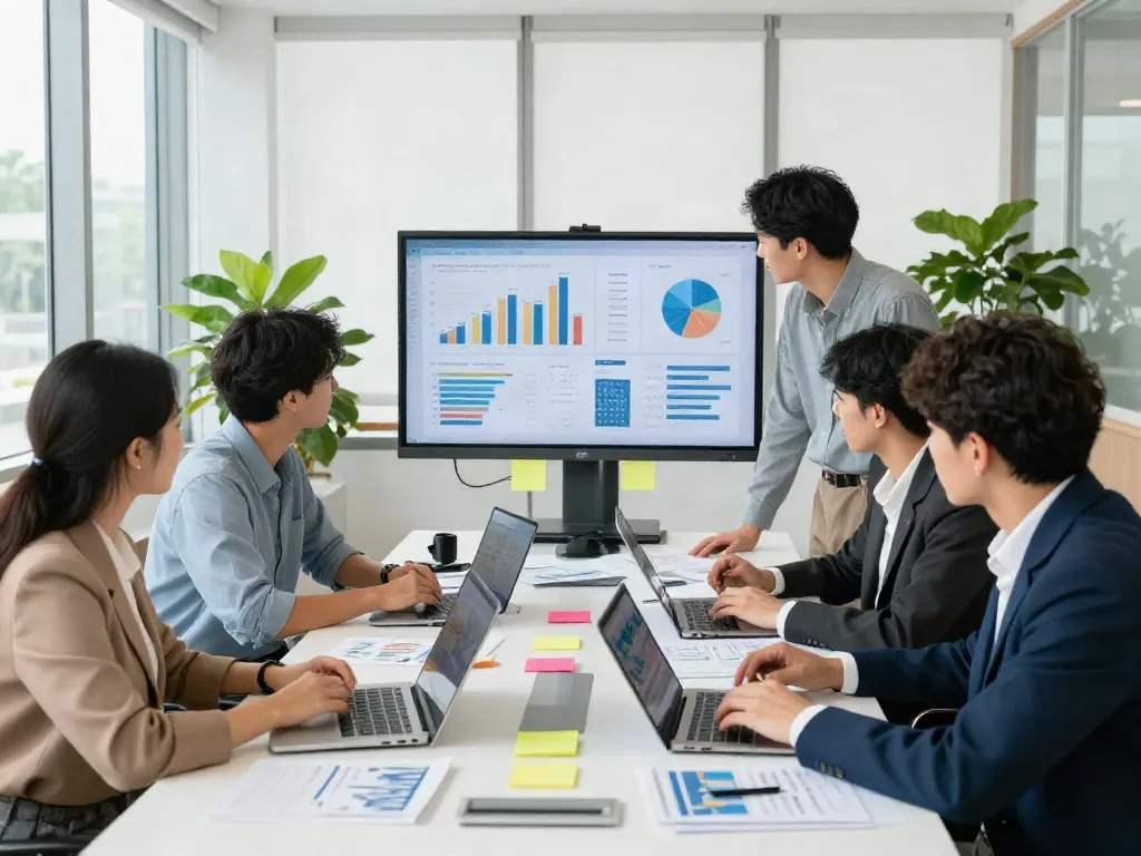 Collaborative team discussing financial intelligence strategies in a modern office.