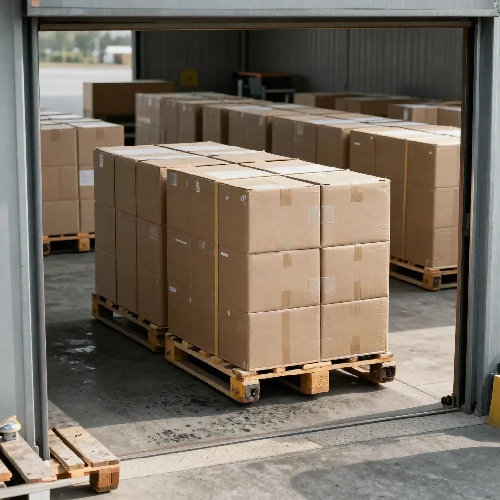 Tile cartons on a pallet jack cross a loading dock beside aligned outbound crates.