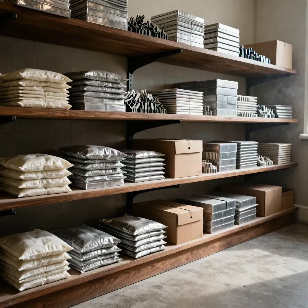 Stockroom shelves full of tile trims, adhesive bags and boxed accessories in cool daylight.