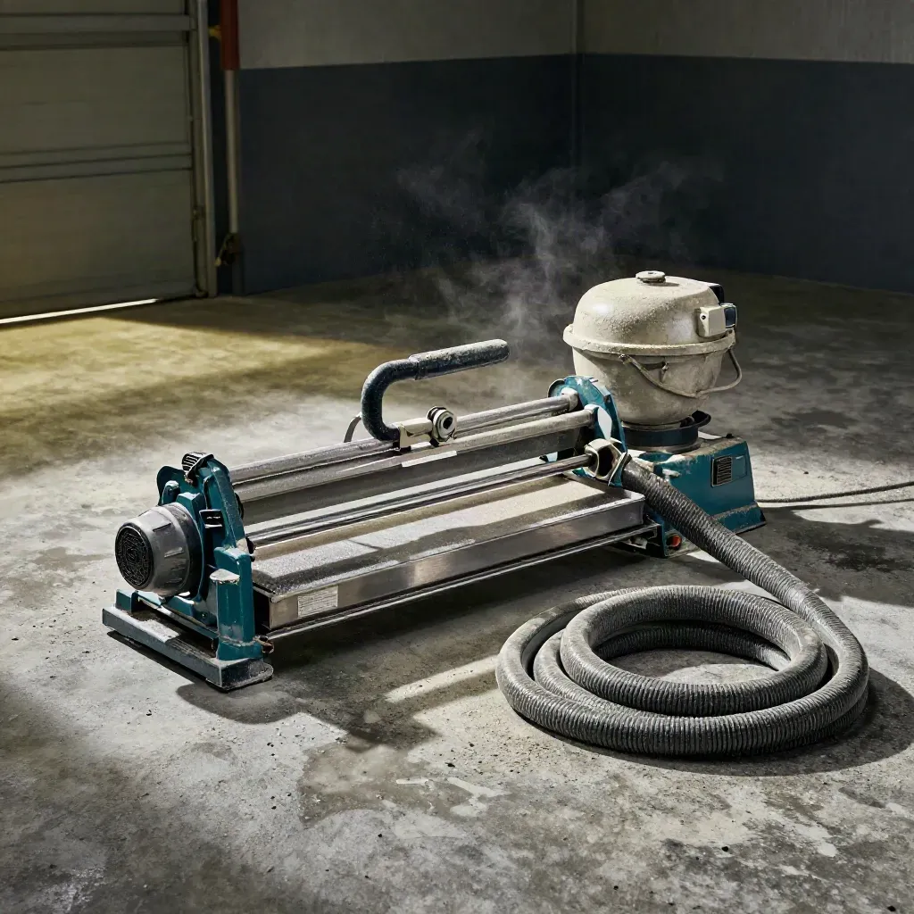 Wet tile cutter, mixer, extractor and coiled hose on a concrete slab in moody workshop light