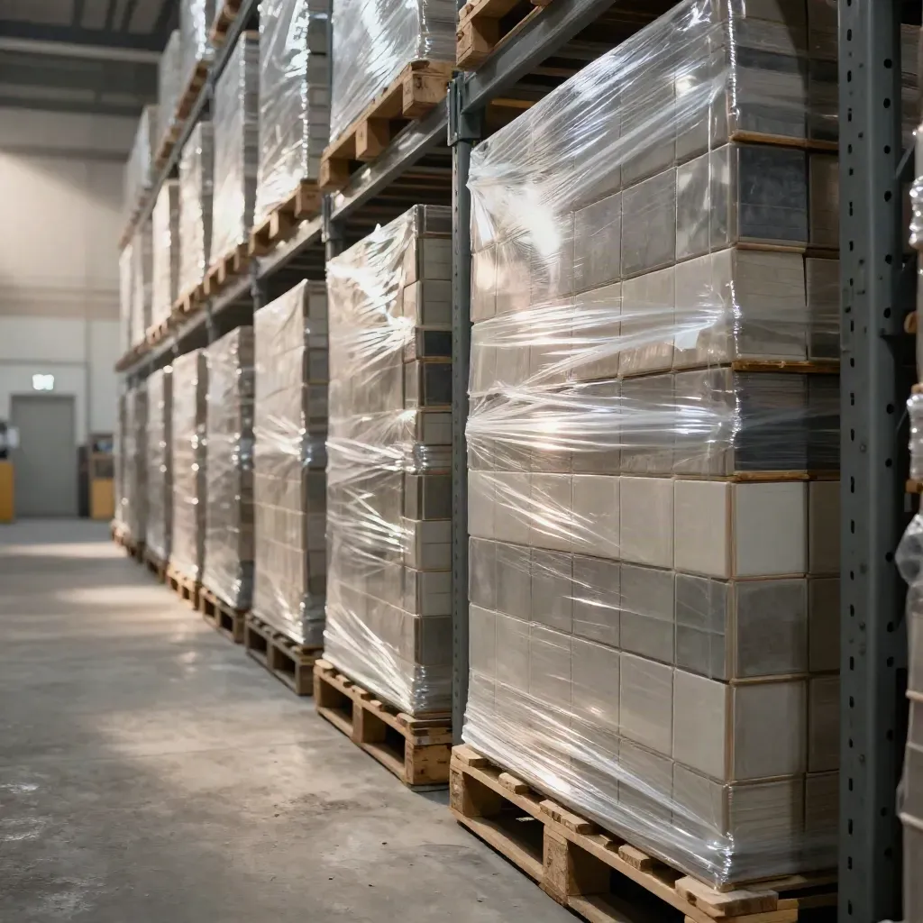 Leeds warehouse aisle of full tile pallets and wrapped stock lit by morning sun