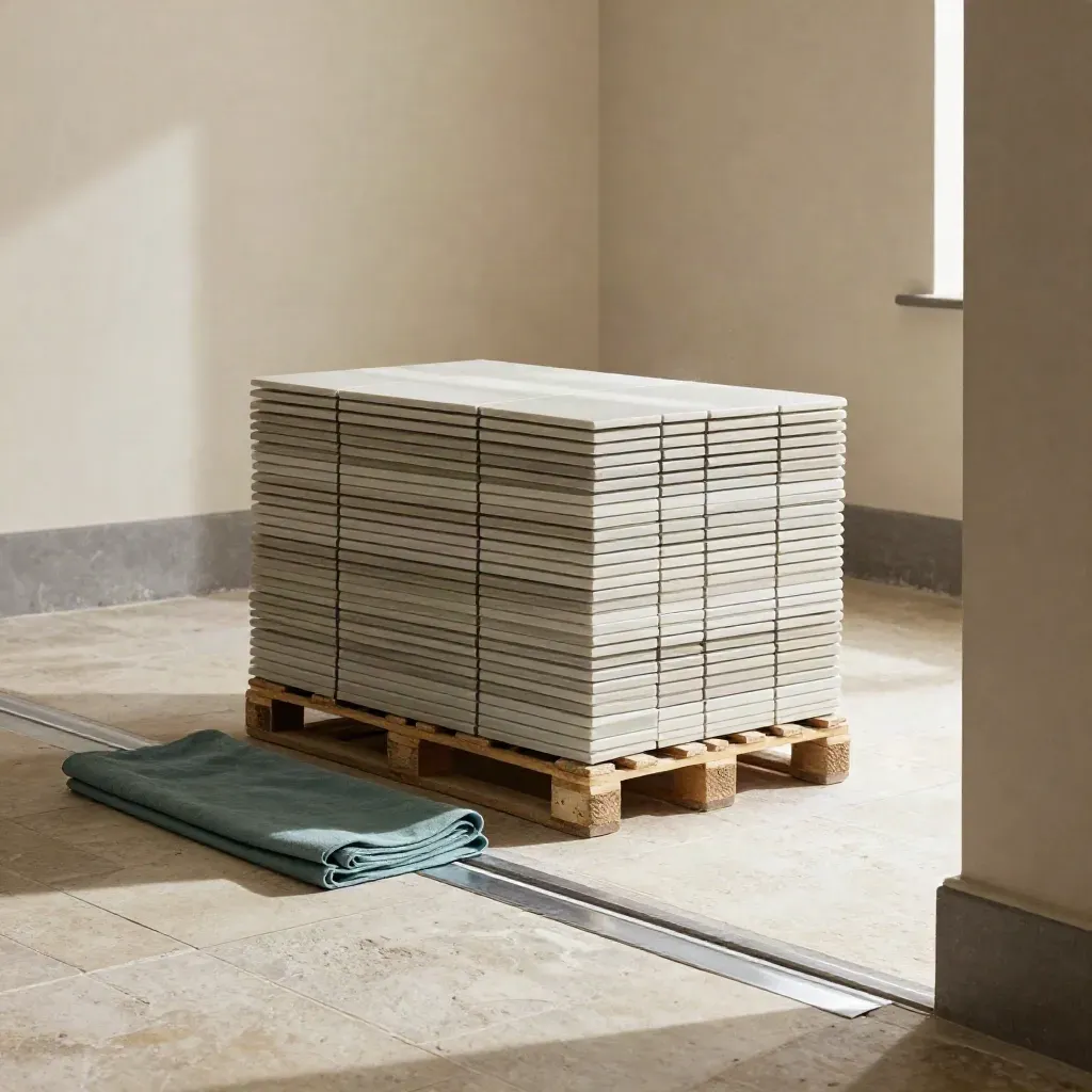 Finished tiled room with stacked spare materials and a pristine ready floor in soft daylight.