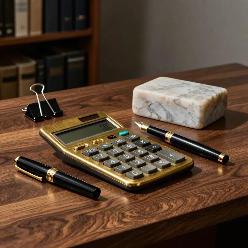 Brass calculator, fountain pen, binder clip and stone paperweight on walnut in moody light.