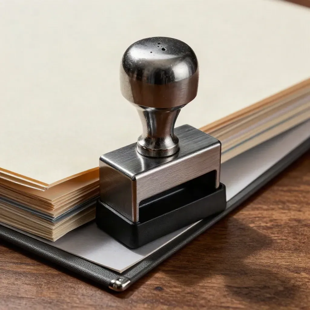 Macro still life of a steel stamp, file tabs and phone cradle on walnut wood.