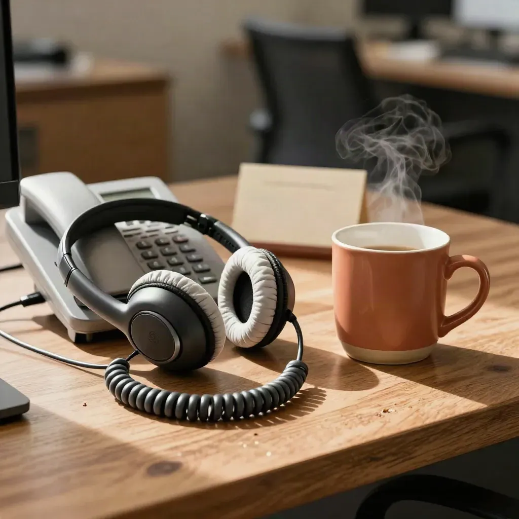 Steam rising beside a headset, cordless phone, mug, and coiled cable on an oak desk