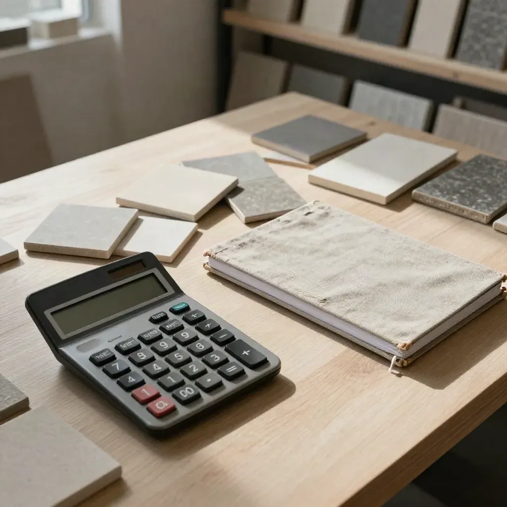 Calculator, closed notebook, and tile samples on pale oak under soft side light.