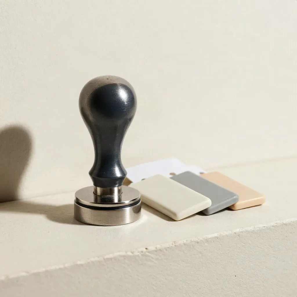 Risk stamp, metal paperweight and porcelain swatches on a pale plaster ledge.