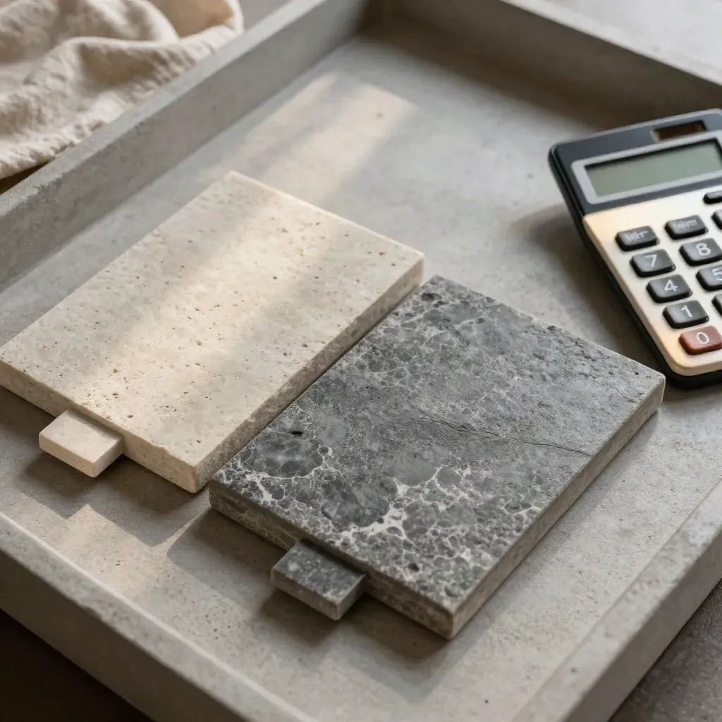 Two ceramic sample tiles, calculator edge and blank tabs on a stone tray, softly lit.