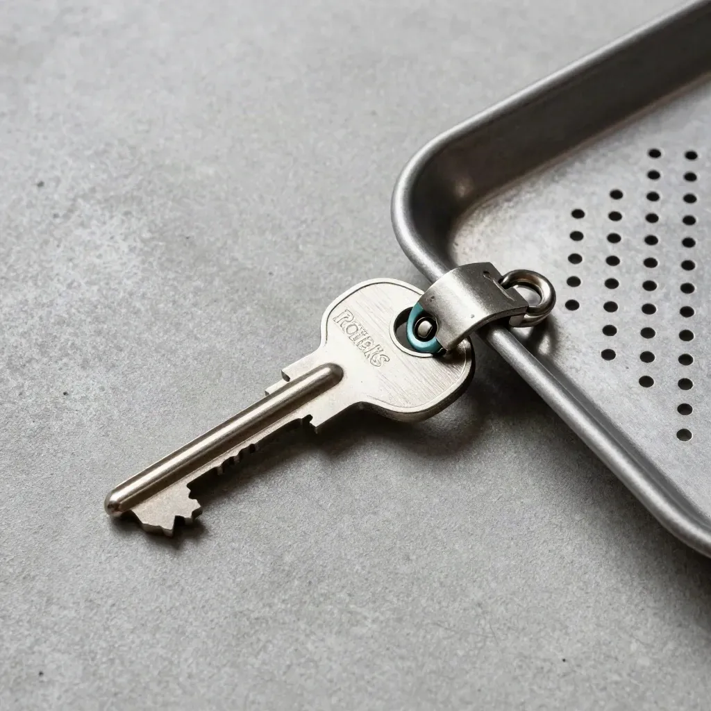 Overhead flatlay of a key, metal tray and open crate latch on concrete