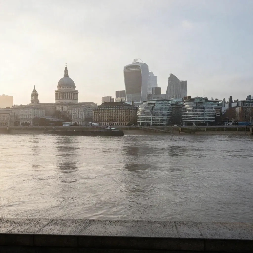 London’s Thames skyline in dawn haze above a calm pale river, St Paul’s high on the horizon.