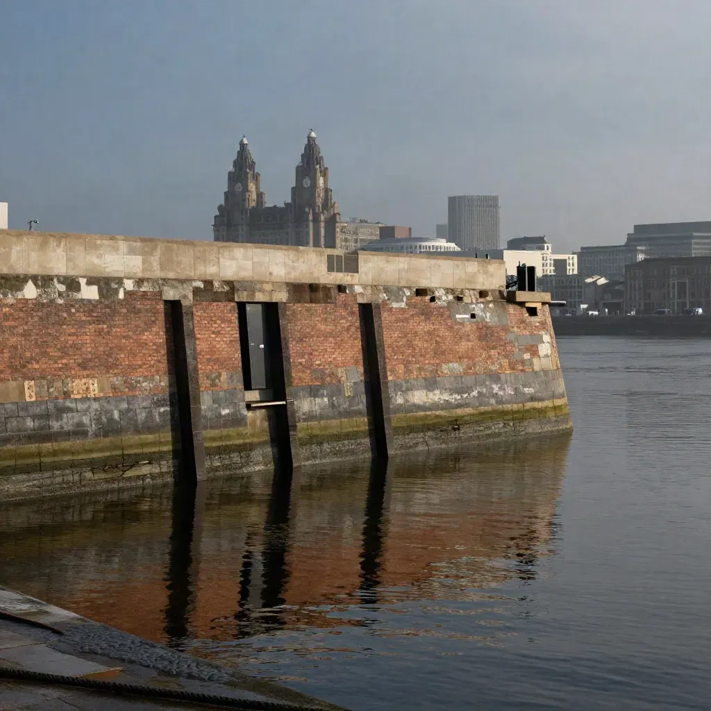 Liverpool waterfront brick and stone edge above still dock water at blue hour haze