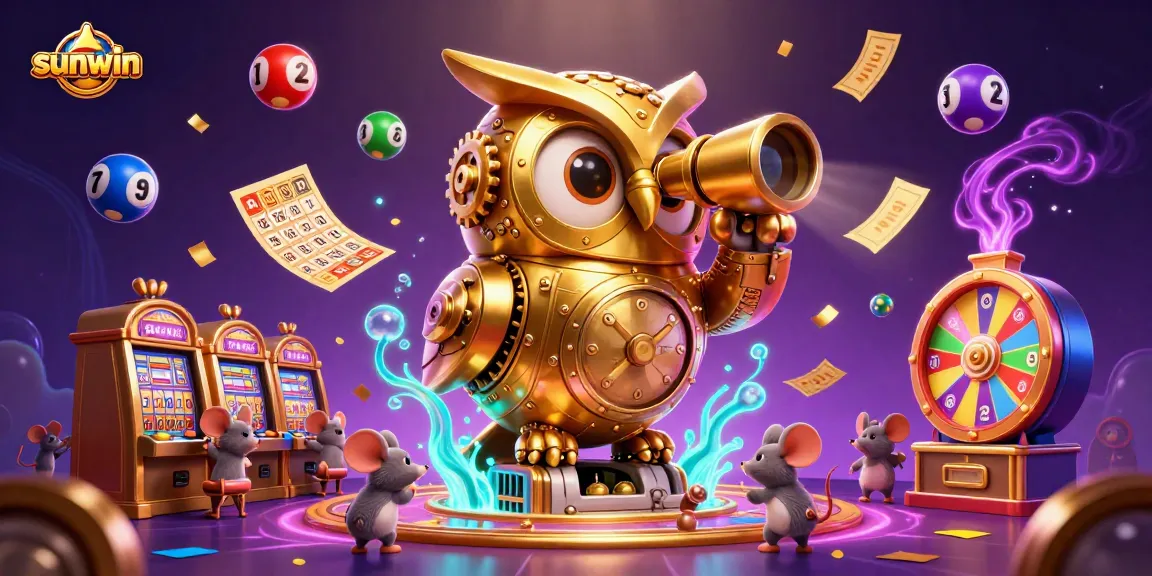 Win big with sunwin in a dynamic casino scene featuring a whimsical golden owl and mouse patrons.