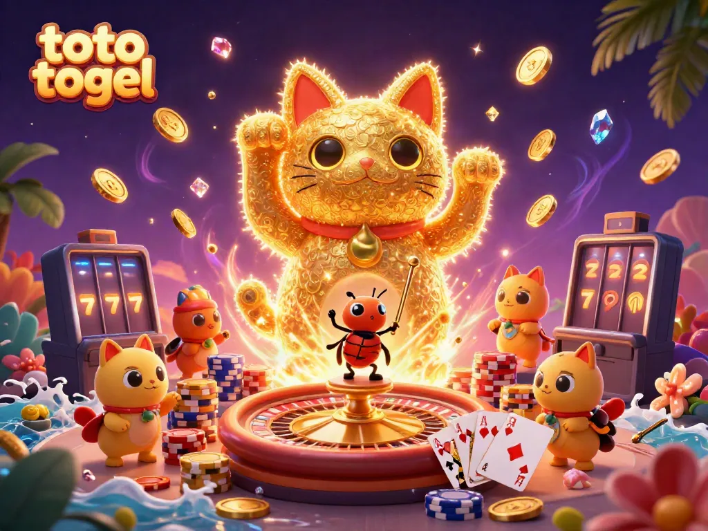 Experience the excitement of toto togel with a vibrant lucky cat surrounded by casino symbols.
