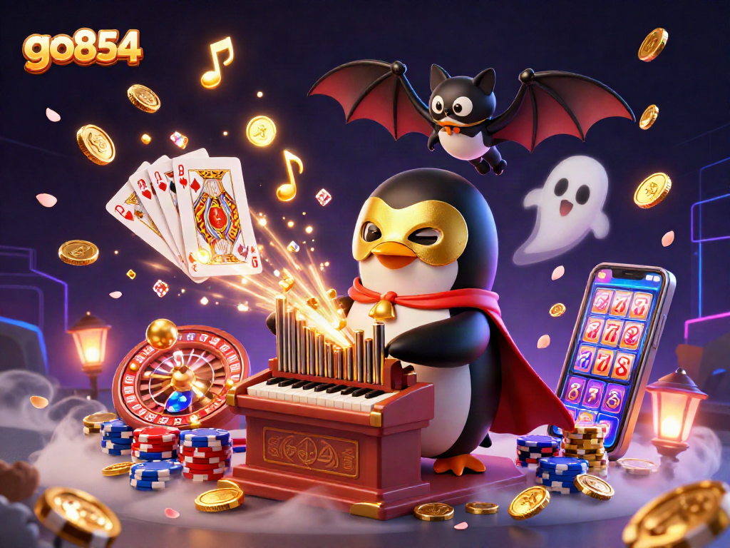 Experience go854 with a mystical penguin playing for golden riches in a vibrant casino scene.