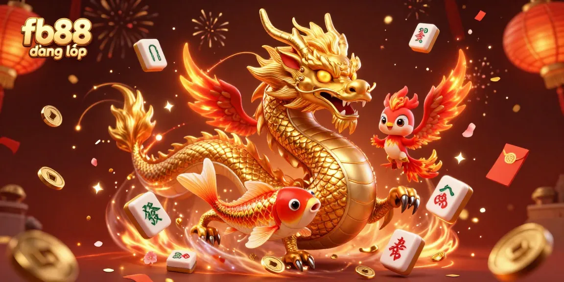 Engage with fb88 đăng nhập at this vibrant casino scene showcasing a golden dragon, phoenix, and koi fish.