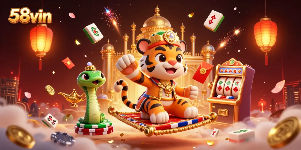 Win big with 58vin in a vibrant, magical casino scene featuring rich 3D elements.