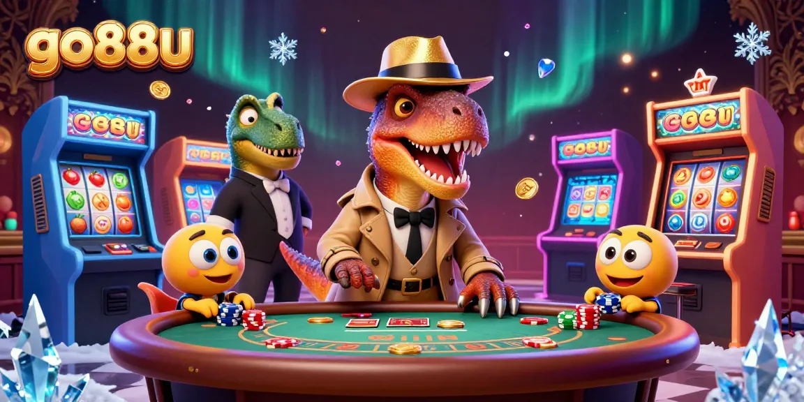 Experience exciting blackjack action with go88u's vibrant 3D scene featuring unique dinosaur characters in a casino.