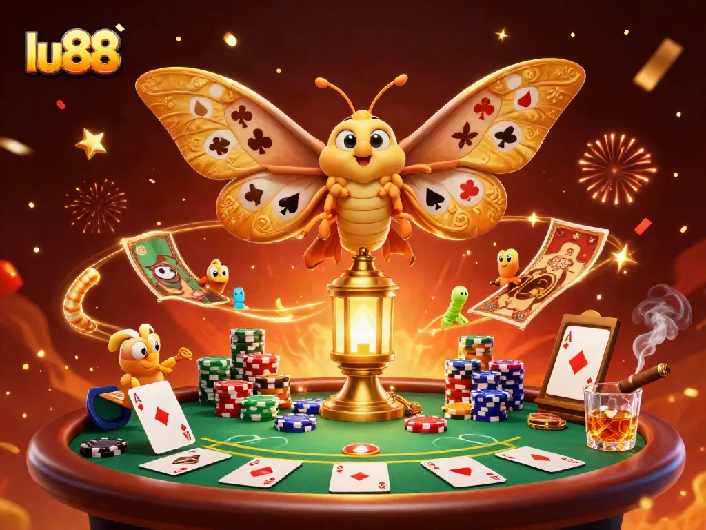 Explore exciting gaming scenes with lu88 where a vibrant atlas moth meets poker action.