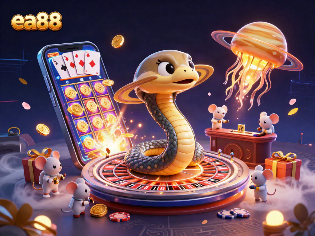 Experience the excitement of ea88 with colorful gaming elements and characters in a dynamic casino scene.