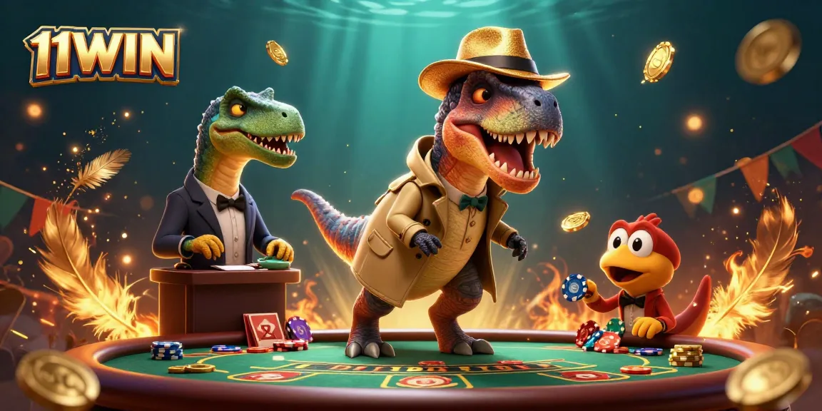 Experience the thrill of 11WIN with a velociraptor card counter and unique casino scenes.