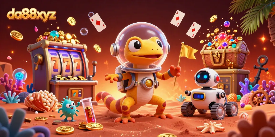 Engage with da88xyz as the Martian gecko encounters a jackpot-filled casino in this vibrant illustration.