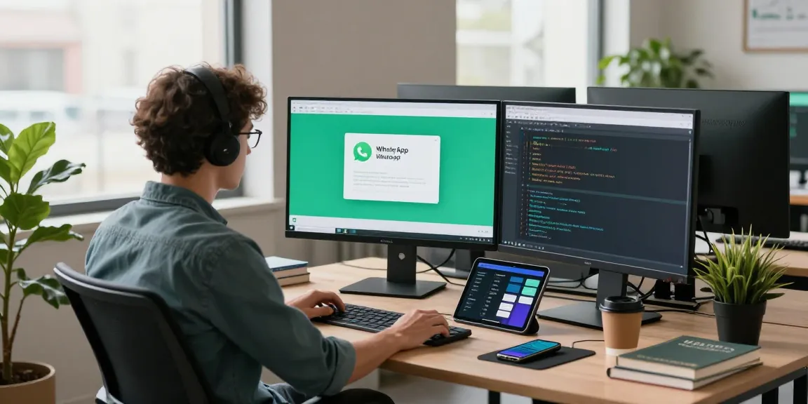 Developer working on WhatsApp下載 interface design in a modern tech workspace