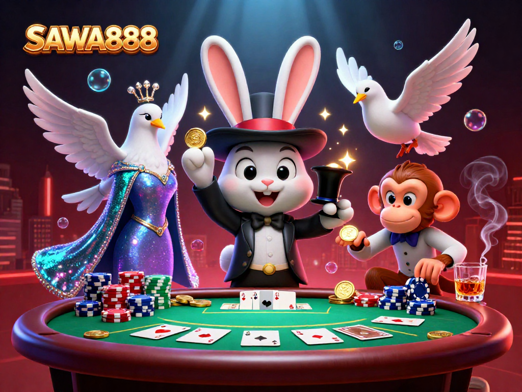Experience SAWA888 with a magician rabbit, glamorous dove, and monkey amidst vibrant casino elements.