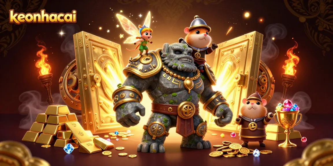 Experience keonhacai with a lively scene of a golem, fairy, and hamster knight amidst treasures.
