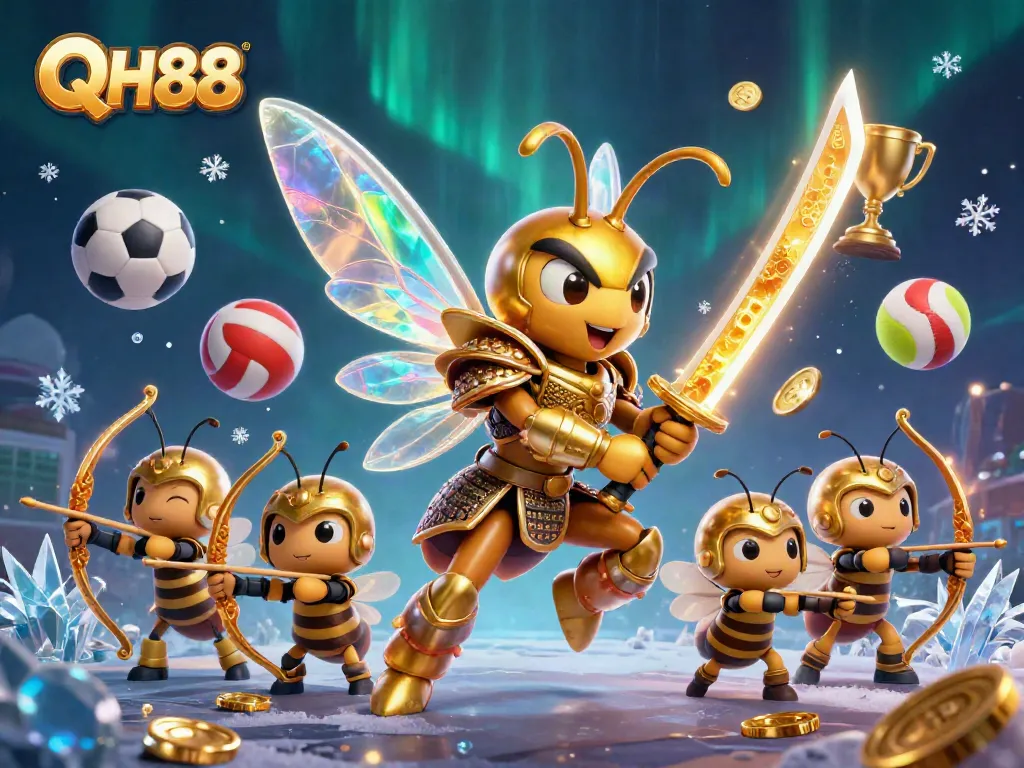 Experience QH88 with a giant hornet samurai and dynamic sports betting elements in a vibrant scene.