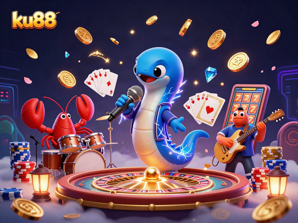 ku88 reveals vibrant underwater casino with electric eel DJ, lobster drummer, and seahorse guitarist.