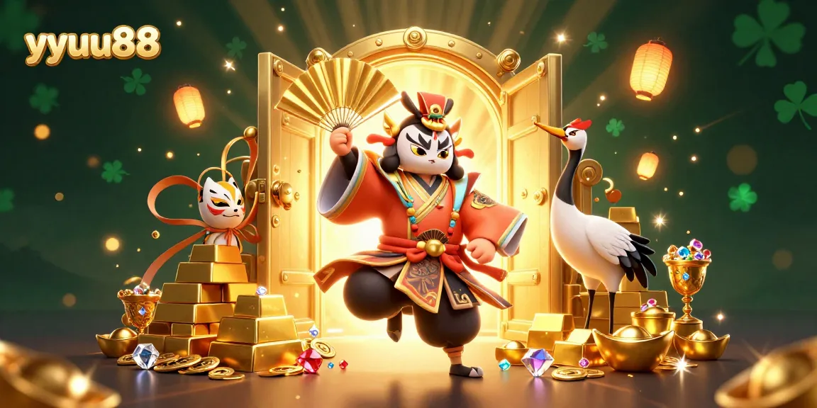 Engage in thrilling gameplay at yyuu88, featuring a kabuki warrior crane and sparkling casino treasures.