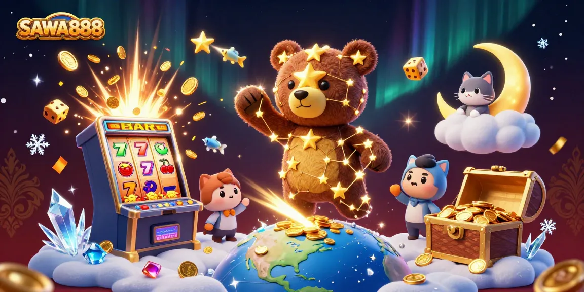 Experience thrilling games with SAWA888's vibrant slot machine and cosmic characters.