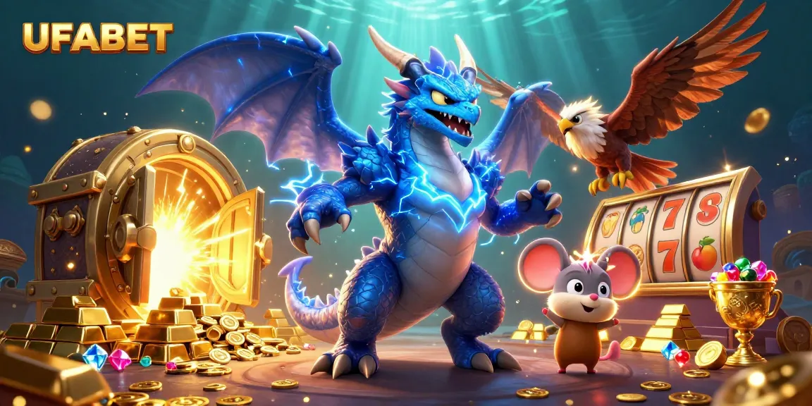 Experience the thrill of UFABET with an exciting, rich casino environment featuring dynamic 3D characters and vibrant game elements.