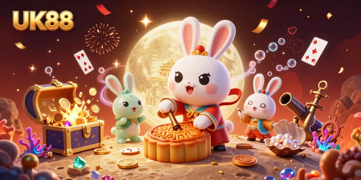 Engage with UK88's thrilling casino adventure featuring vibrant characters and a lunar backdrop.
